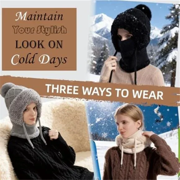 3 in 1 Women's Beanie Hat Knitted Balaclava Hat with Scarf Attached
